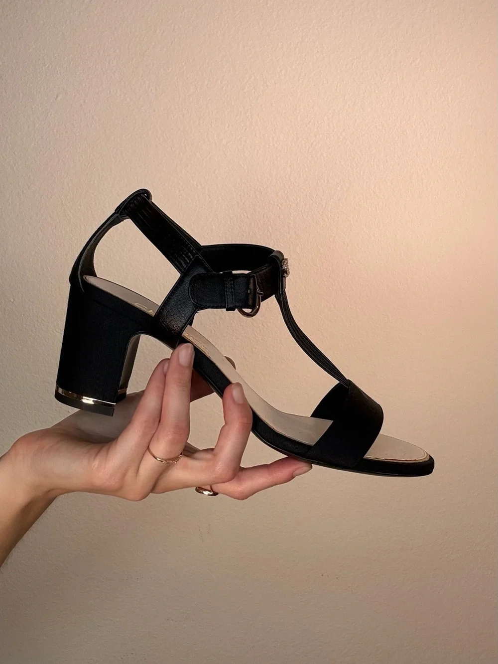 CHANEL Black T-Strap Heel w/ Faux Pearl CC Logo